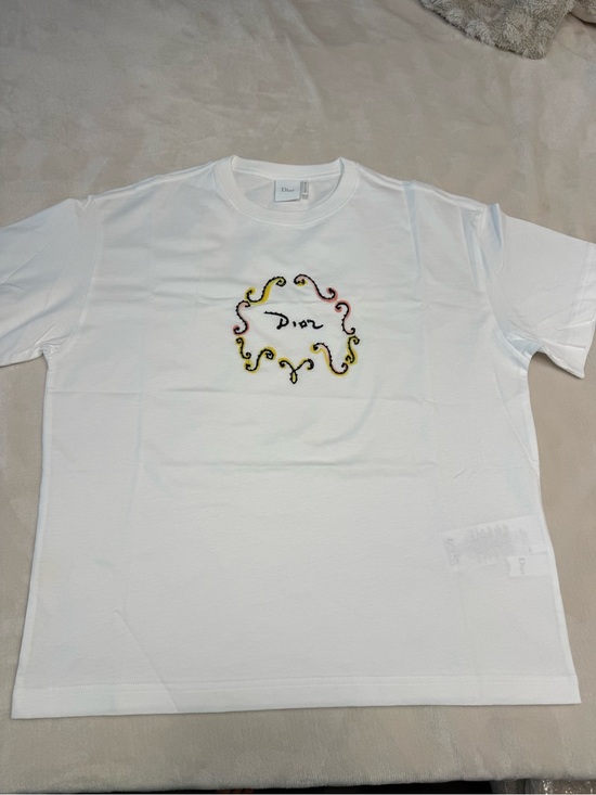 Dior Tops - Dior White Crewneck T-Shirt with Multicolor Embroidered Motif